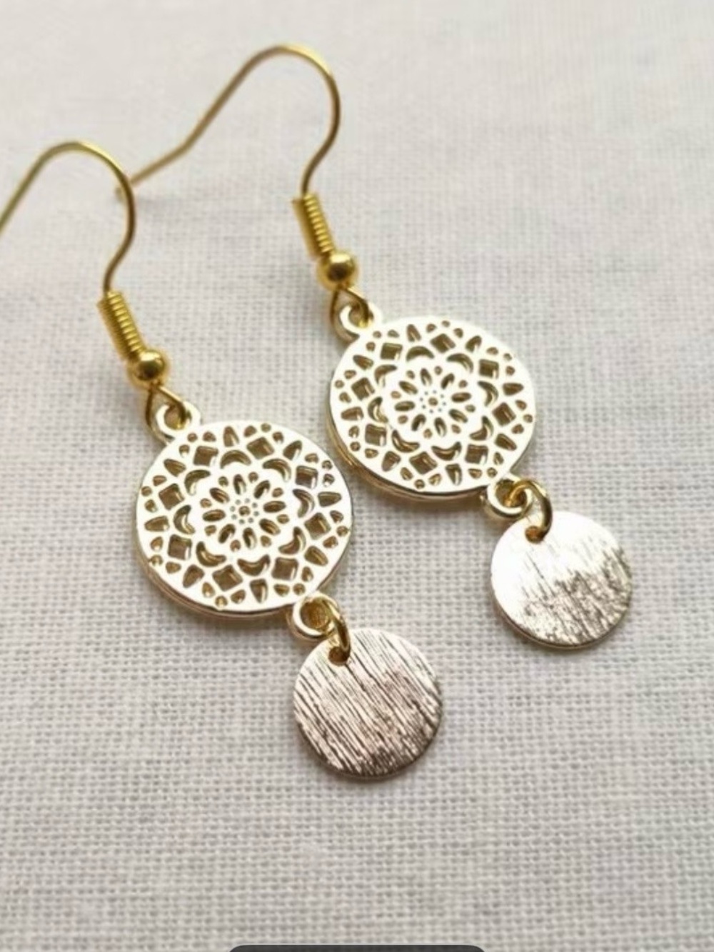 Gold Filigree Drop Earrings with Textured Discs